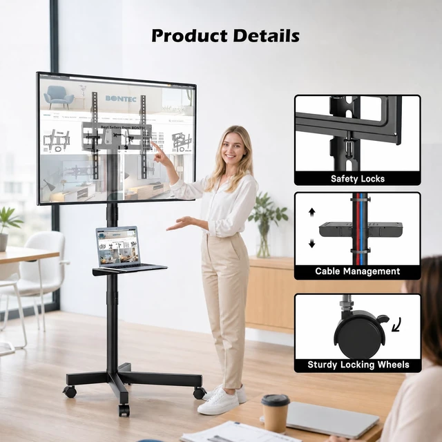 Alt view image 12 of 14 - Rolling TV Stand with Tilt,Mobile TV Stand Wheels for 2365 Inch TVs | Portable TV Cart for LED LCD TVs, Adjustable Shelf, Living Room, Bedroom, Outdoor TV Stand Holds 88 lbs, Max VESA 400x400mm