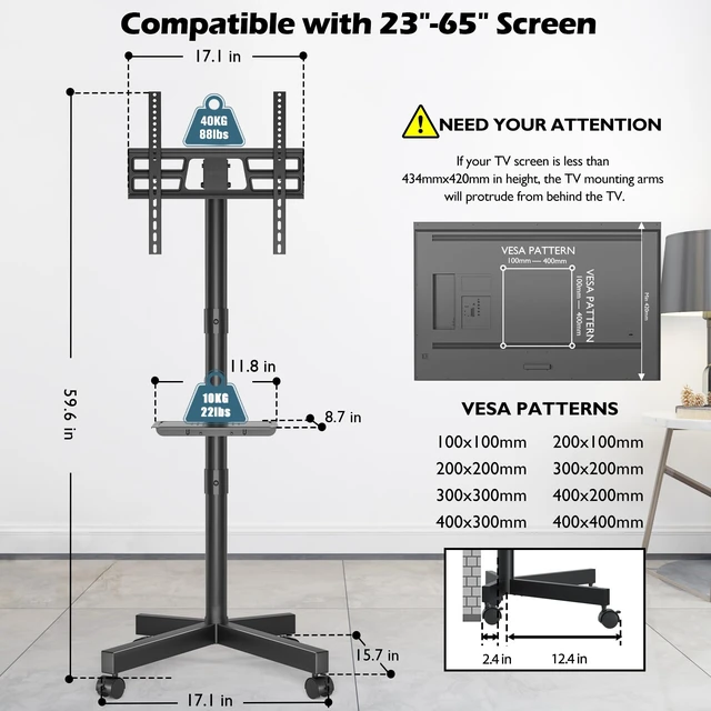 Alt view image 14 of 14 - Rolling TV Stand with Tilt,Mobile TV Stand Wheels for 2365 Inch TVs | Portable TV Cart for LED LCD TVs, Adjustable Shelf, Living Room, Bedroom, Outdoor TV Stand Holds 88 lbs, Max VESA 400x400mm