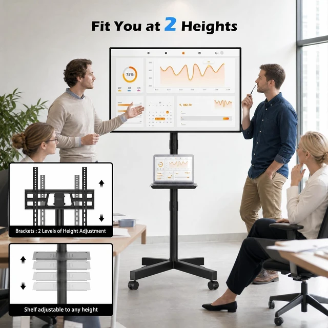 Alt view image 13 of 14 - Rolling TV Stand with Tilt,Mobile TV Stand Wheels for 2365 Inch TVs | Portable TV Cart for LED LCD TVs, Adjustable Shelf, Living Room, Bedroom, Outdoor TV Stand Holds 88 lbs, Max VESA 400x400mm