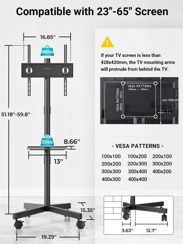 Alt view image 9 of 14 - Rolling TV Stand for 23-65 Inch TVs,Mobile TV Cart with Wheels,Black | Height Adjustable TV Cart with Media Shelf, Outdoor TV Stand with Locking Wheels, Max VESA 400x400mm, Holds Up to 88lbs