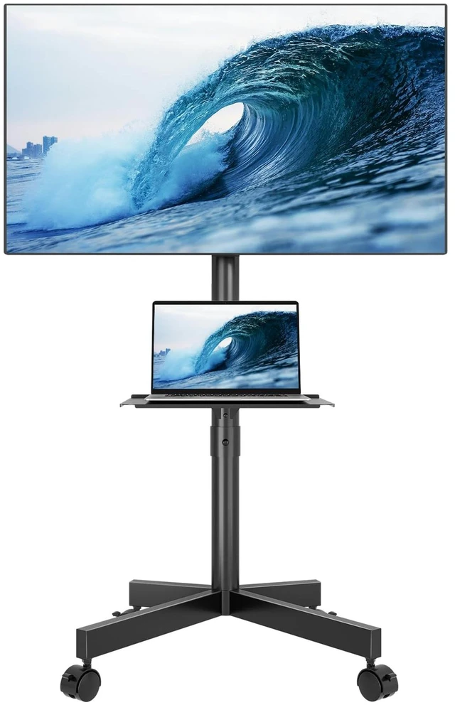 Alt view image 8 of 14 - Rolling TV Stand for 23-65 Inch TVs,Mobile TV Cart with Wheels,Black | Height Adjustable TV Cart with Media Shelf, Outdoor TV Stand with Locking Wheels, Max VESA 400x400mm, Holds Up to 88lbs