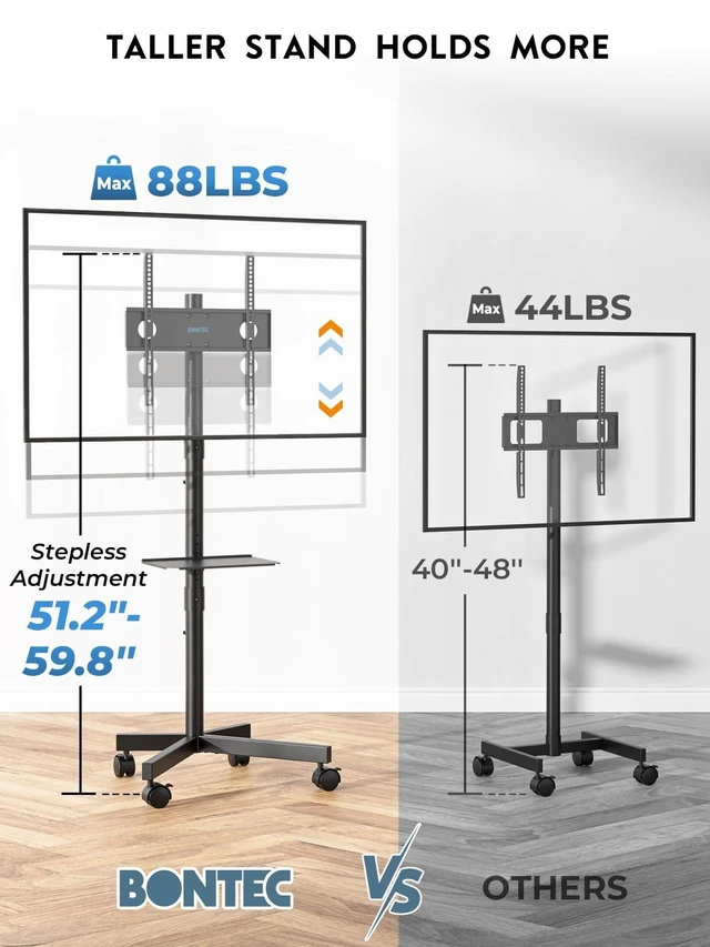 Alt view image 10 of 14 - Rolling TV Stand for 23-65 Inch TVs,Mobile TV Cart with Wheels,Black | Height Adjustable TV Cart with Media Shelf, Outdoor TV Stand with Locking Wheels, Max VESA 400x400mm, Holds Up to 88lbs