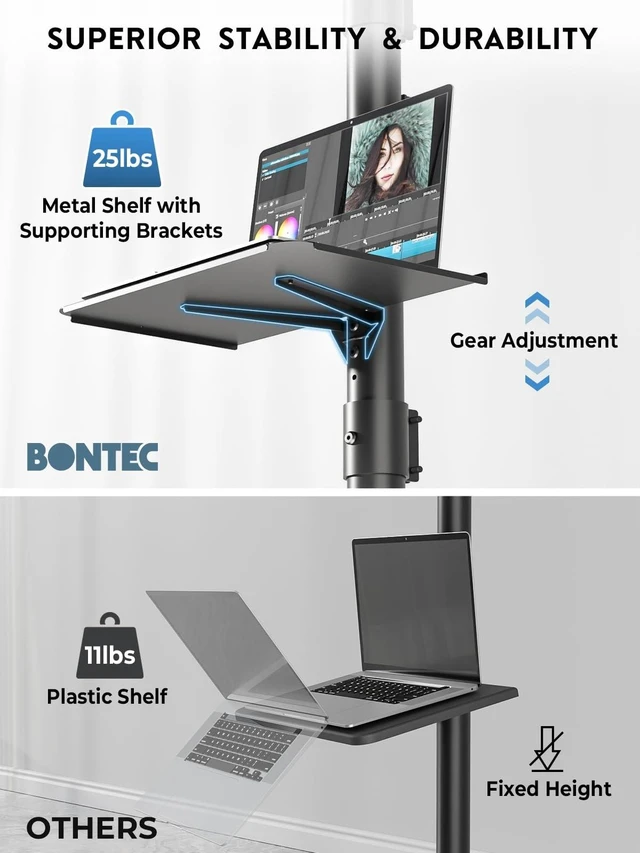 Alt view image 13 of 14 - Rolling TV Stand for 23-65 Inch TVs,Mobile TV Cart with Wheels,Black | Height Adjustable TV Cart with Media Shelf, Outdoor TV Stand with Locking Wheels, Max VESA 400x400mm, Holds Up to 88lbs