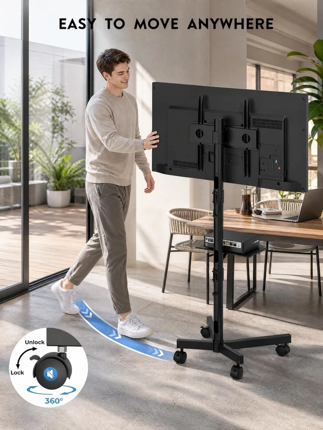 Alt view image 12 of 14 - Rolling TV Stand for 23-65 Inch TVs,Mobile TV Cart with Wheels,Black | Height Adjustable TV Cart with Media Shelf, Outdoor TV Stand with Locking Wheels, Max VESA 400x400mm, Holds Up to 88lbs