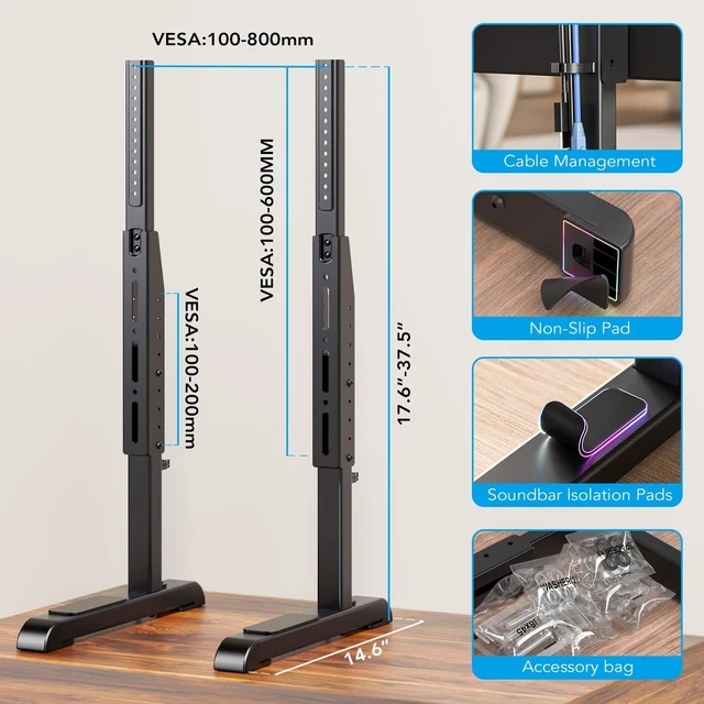Alt view image 13 of 14 - Table Top TV Stand with Height Adjustable TV Legs Replacement for Most 37-86 Inch Flat Curved TVs,Steel TV Base Feet Holds up to 150 lbs with Cable Management, Max VESA 800x600mm Black