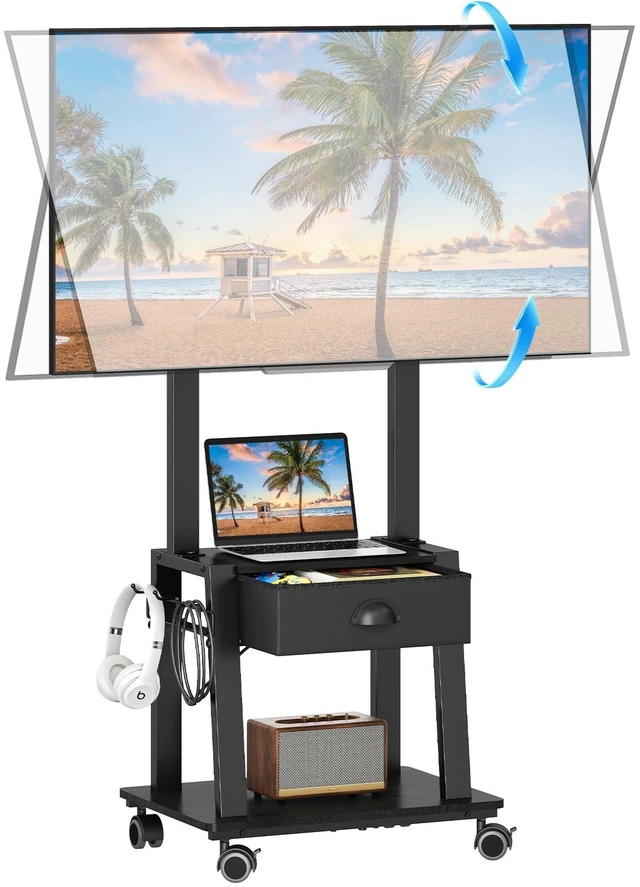 Alt view image 8 of 14 - Mobile TV Stand with Drawer for 23-60 Inch TVs,Tilt Rolling TV Cart on Wheels with 2 Shelves Adjustable Height Portable TV Stand for Bedroom/Living Room Holds up to 50 lbs Max VESA 400x400mm