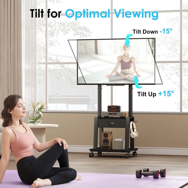Alt view image 9 of 14 - Mobile TV Stand with Drawer for 23-60 Inch TVs,Tilt Rolling TV Cart on Wheels with 2 Shelves Adjustable Height Portable TV Stand for Bedroom/Living Room Holds up to 50 lbs Max VESA 400x400mm