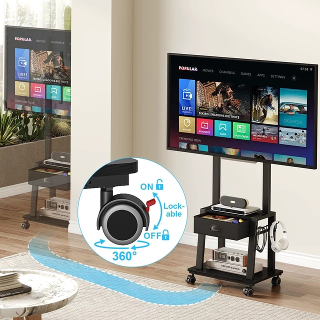 Alt view image 10 of 14 - Mobile TV Stand with Drawer for 23-60 Inch TVs,Tilt Rolling TV Cart on Wheels with 2 Shelves Adjustable Height Portable TV Stand for Bedroom/Living Room Holds up to 50 lbs Max VESA 400x400mm