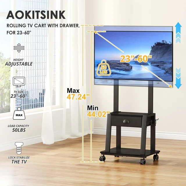 Alt view image 11 of 14 - Mobile TV Stand with Drawer for 23-60 Inch TVs,Tilt Rolling TV Cart on Wheels with 2 Shelves Adjustable Height Portable TV Stand for Bedroom/Living Room Holds up to 50 lbs Max VESA 400x400mm