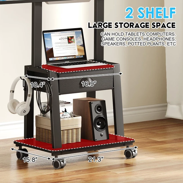 Alt view image 14 of 14 - Mobile TV Stand with Drawer for 23-60 Inch TVs,Tilt Rolling TV Cart on Wheels with 2 Shelves Adjustable Height Portable TV Stand for Bedroom/Living Room Holds up to 50 lbs Max VESA 400x400mm