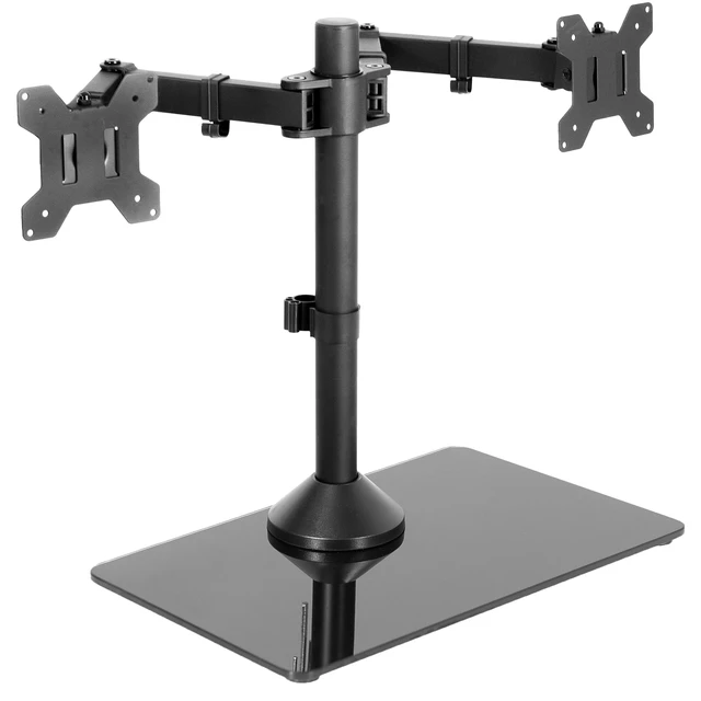 Alt view image 8 of 14 - Freestanding Dual Monitor Stand with Sleek Glass Base and Adjustable Arms, Mounts 2 Screens up to 32 inch and 22 lbs Each, Black, STAND-V002FG