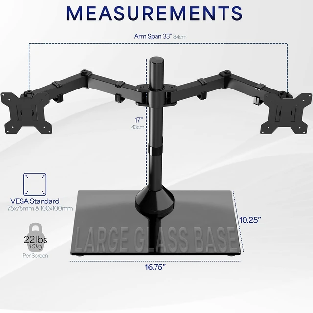 Alt view image 11 of 14 - Freestanding Dual Monitor Stand with Sleek Glass Base and Adjustable Arms, Mounts 2 Screens up to 32 inch and 22 lbs Each, Black, STAND-V002FG