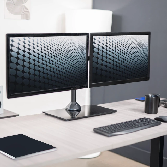 Alt view image 9 of 14 - Freestanding Dual Monitor Stand with Sleek Glass Base and Adjustable Arms, Mounts 2 Screens up to 32 inch and 22 lbs Each, Black, STAND-V002FG
