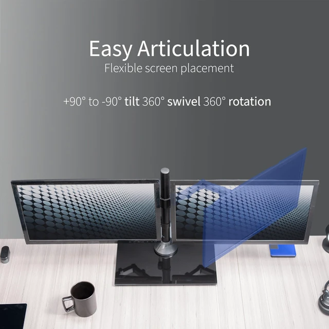 Alt view image 13 of 14 - Freestanding Dual Monitor Stand with Sleek Glass Base and Adjustable Arms, Mounts 2 Screens up to 32 inch and 22 lbs Each, Black, STAND-V002FG