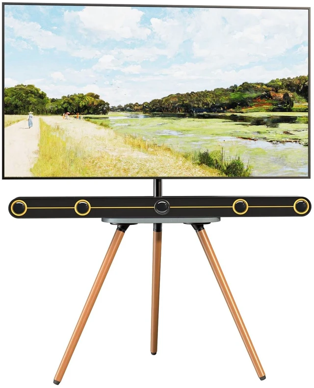 Alt view image 8 of 14 - Easel TV-Stand for 43-65 TVs - Tripod, Swivel, Portable, Black Walnut | Height Adjustable, Wooden Tray, Max VESA 400x400mm, for living room, corner TV mounting, Tripod TV stand