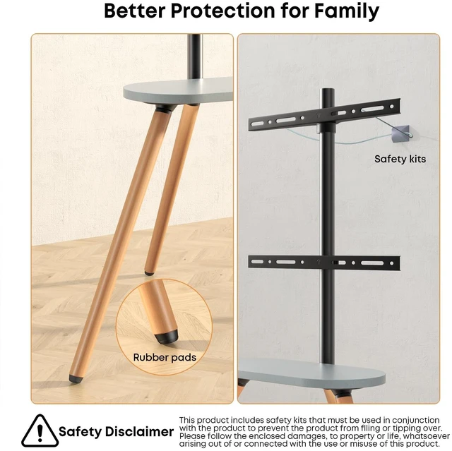 Alt view image 11 of 14 - Easel TV-Stand for 43-65 TVs - Tripod, Swivel, Portable, Black Walnut | Height Adjustable, Wooden Tray, Max VESA 400x400mm, for living room, corner TV mounting, Tripod TV stand