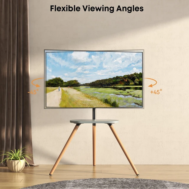 Alt view image 14 of 14 - Easel TV-Stand for 43-65 TVs - Tripod, Swivel, Portable, Black Walnut | Height Adjustable, Wooden Tray, Max VESA 400x400mm, for living room, corner TV mounting, Tripod TV stand