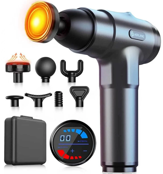 Alt view image 8 of 14 - Massage Gun with Heat Massager Deep Tissue Muscle Massager Gifts for Men | Back Massager for Athlete for Pain Relief Percussion Handheld Massage Gun Birthday Gifts for Him 7Head&Silent Gray Carry case