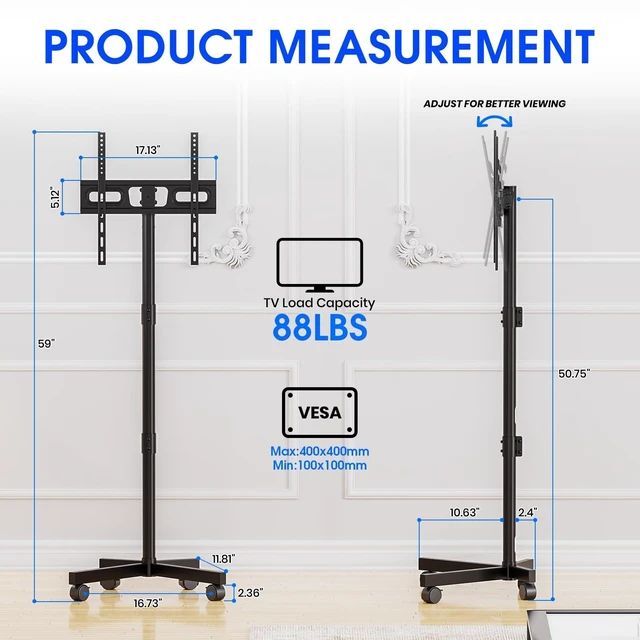 Alt view image 9 of 14 - Rolling TV Stand, Mobile TV Stand for 23-60 Inch LCD LED TVs, Black | Outdoor TV Stand on Locking Wheels, Tilt Portable TV Stand for Bedroom and Living Room, Holds up to 88Lbs, Max VESA 400x400mm
