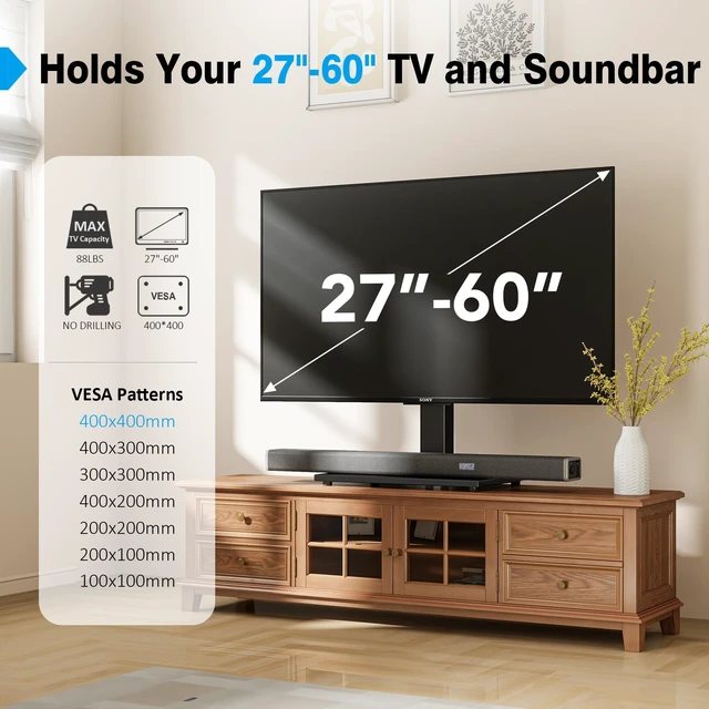 Alt view image 9 of 14 - Universal TV Stand - Table Top TV Stand for 27-60 inch LCD LED TVs - 9 Level Height Adjustable TV Base Stand with Tempered Glass Base & Wire Management, VESA 400x400mm