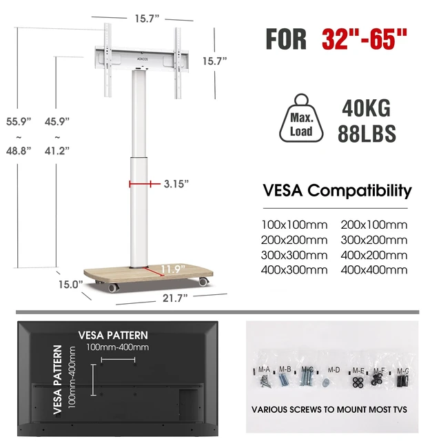 Alt view image 9 of 14 - Rolling TV Stand for 32-65 Inch TVs, Portable Mobile TV Stand on Wheels, 8-Level Height Adjustable TV Cart with Swivel & Tilt Mount for Bedroom/Living Room/Office/Corner