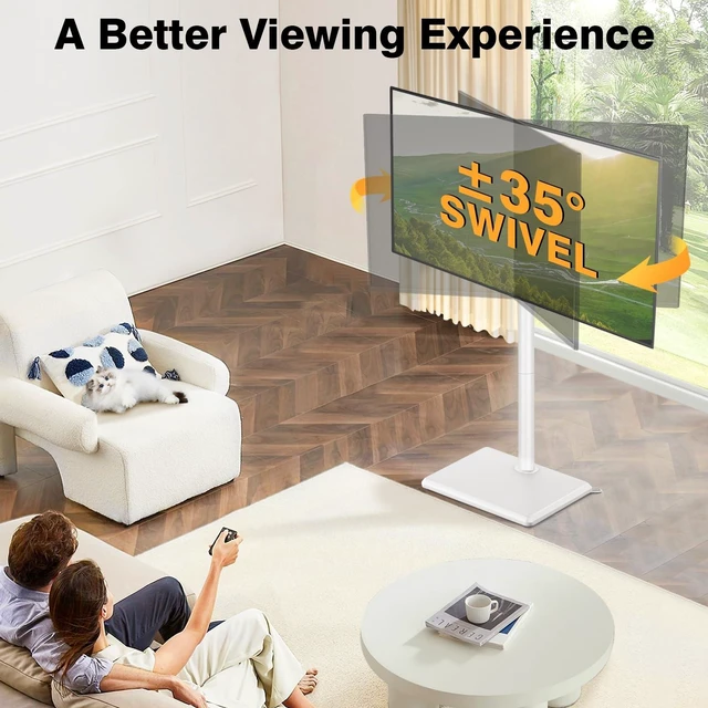 Alt view image 10 of 14 - Universal Floor TV Stand with Mount for Most 32-65 Inch TV up to 88lbs | Height Adjustable TV Floor Stand with Wood Base for Space Saving (WHITE, Wooden Base)