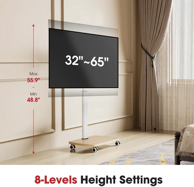 Alt view image 10 of 14 - Rolling TV Stand for 32-65 Inch TVs, Portable Mobile TV Stand on Wheels, 8-Level Height Adjustable TV Cart with Swivel & Tilt Mount for Bedroom/Living Room/Office/Corner