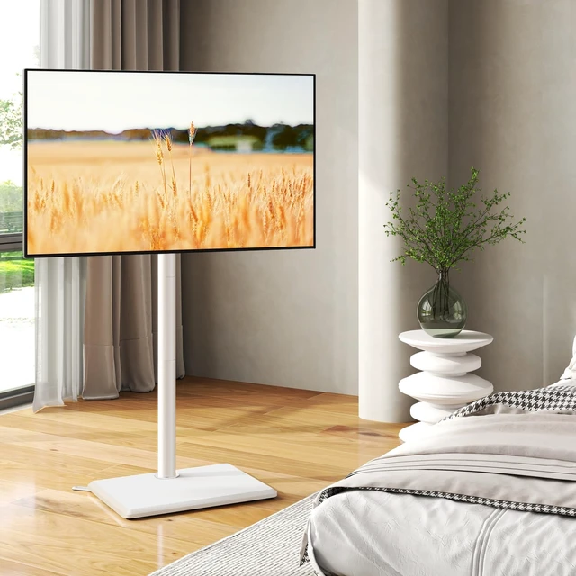 Alt view image 13 of 14 - Universal Floor TV Stand with Mount for Most 32-65 Inch TV up to 88lbs | Height Adjustable TV Floor Stand with Wood Base for Space Saving (WHITE, Wooden Base)