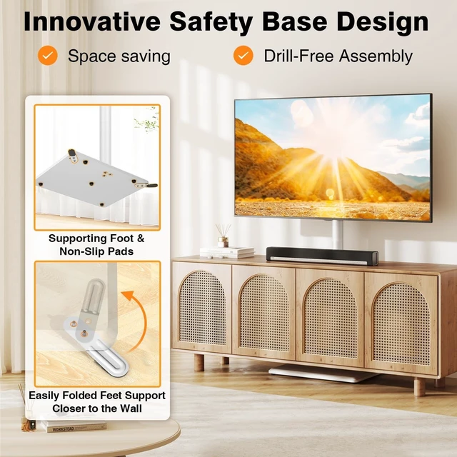 Alt view image 11 of 14 - Universal Floor TV Stand with Mount for Most 32-65 Inch TV up to 88lbs | Height Adjustable TV Floor Stand with Wood Base for Space Saving (WHITE, Wooden Base)