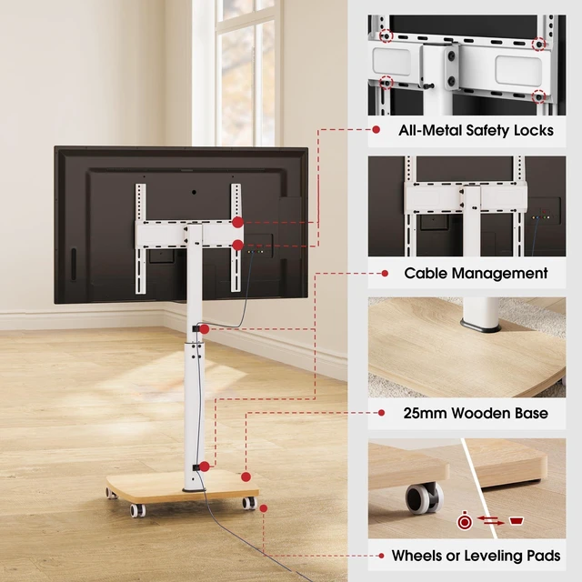 Alt view image 13 of 14 - Rolling TV Stand for 32-65 Inch TVs, Portable Mobile TV Stand on Wheels, 8-Level Height Adjustable TV Cart with Swivel & Tilt Mount for Bedroom/Living Room/Office/Corner