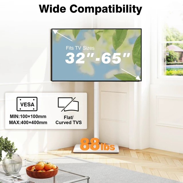 Alt view image 14 of 14 - Universal Floor TV Stand with Mount for Most 32-65 Inch TV up to 88lbs | Height Adjustable TV Floor Stand with Wood Base for Space Saving (WHITE, Wooden Base)