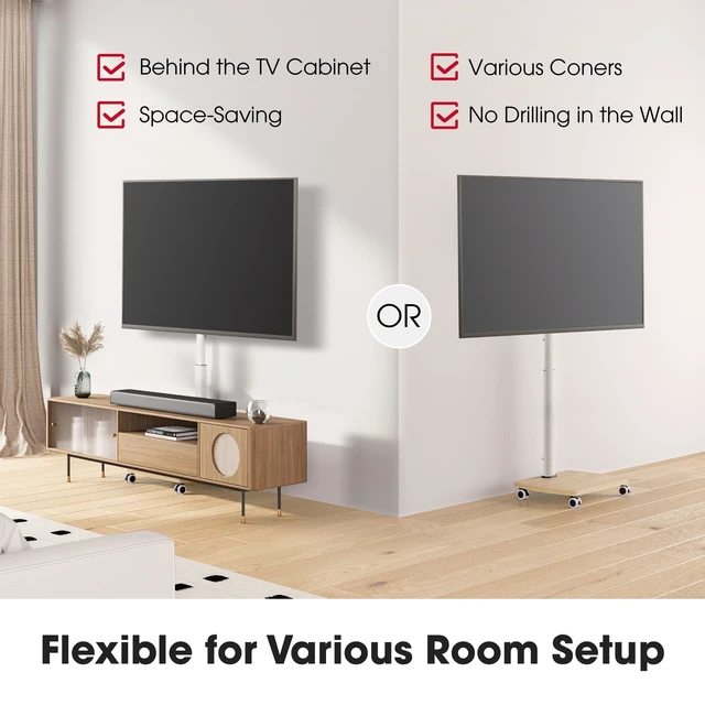 Alt view image 14 of 14 - Rolling TV Stand for 32-65 Inch TVs, Portable Mobile TV Stand on Wheels, 8-Level Height Adjustable TV Cart with Swivel & Tilt Mount for Bedroom/Living Room/Office/Corner