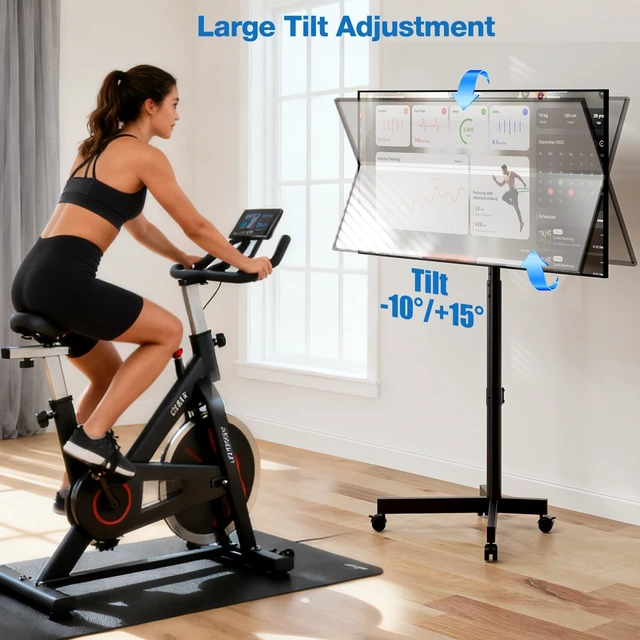Alt view image 10 of 14 - Mobile TV Cart for 13-55 inch TVs Holds up to 77 lbs | Floor TV Stand, -10°/+15° Tilt Mount, Rolling TV Cart, Height Adjustable Portable TV Stand, Max VESA 400x400mm, Black