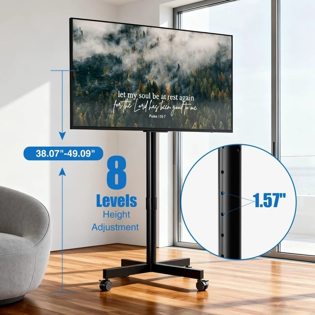 Alt view image 9 of 14 - Mobile TV Cart for 13-55 inch TVs Holds up to 77 lbs | Floor TV Stand, -10°/+15° Tilt Mount, Rolling TV Cart, Height Adjustable Portable TV Stand, Max VESA 400x400mm, Black
