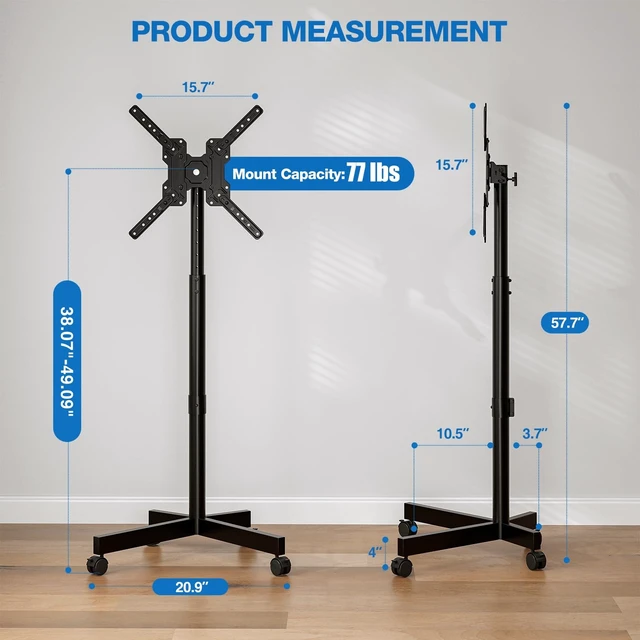 Alt view image 13 of 14 - Mobile TV Cart for 13-55 inch TVs Holds up to 77 lbs | Floor TV Stand, -10°/+15° Tilt Mount, Rolling TV Cart, Height Adjustable Portable TV Stand, Max VESA 400x400mm, Black
