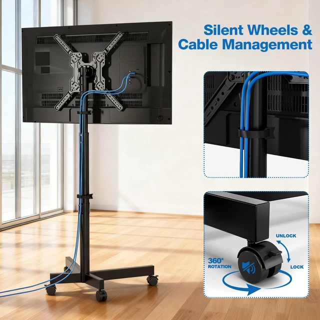 Alt view image 12 of 14 - Mobile TV Cart for 13-55 inch TVs Holds up to 77 lbs | Floor TV Stand, -10°/+15° Tilt Mount, Rolling TV Cart, Height Adjustable Portable TV Stand, Max VESA 400x400mm, Black
