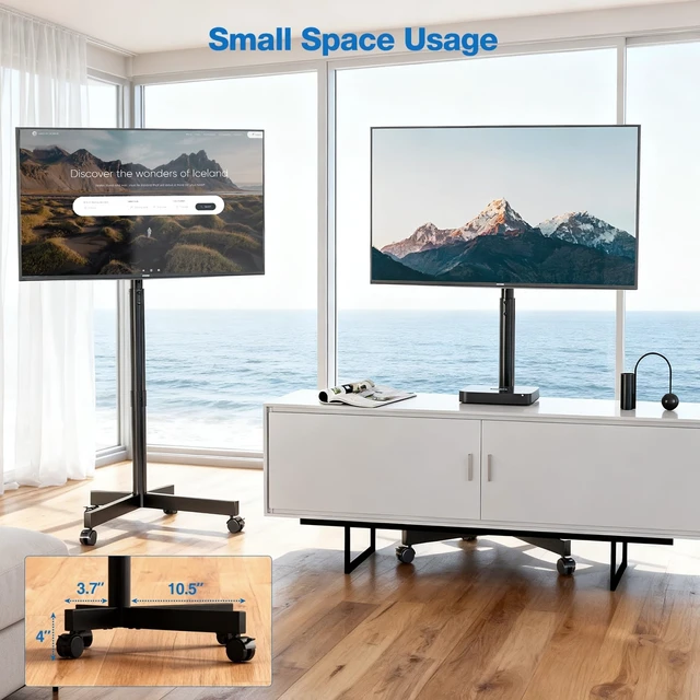 Alt view image 11 of 14 - Mobile TV Cart for 13-55 inch TVs Holds up to 77 lbs | Floor TV Stand, -10°/+15° Tilt Mount, Rolling TV Cart, Height Adjustable Portable TV Stand, Max VESA 400x400mm, Black