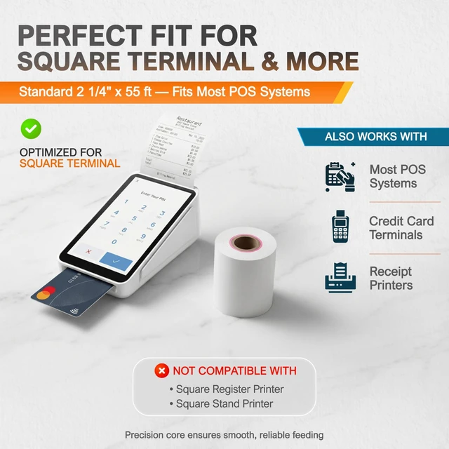 Alt view image 11 of 14 - Square Terminal Paper Rolls 2 1/4" x 55' BPA Free Thermal Receipt Paper for Square Credit Card Machine POS Printer, 50 Pack