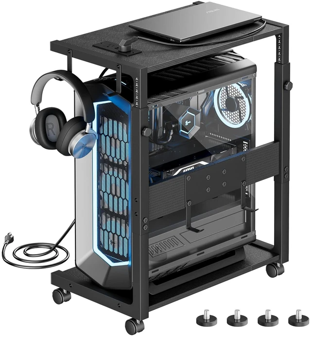 Alt view image 7 of 12 - Computer Tower Stand - 23.03"-28.3" Height Adjustable | Mobile Rolling PC CPU Holder Cart with Charging Station for Office Home Gaming Classroom