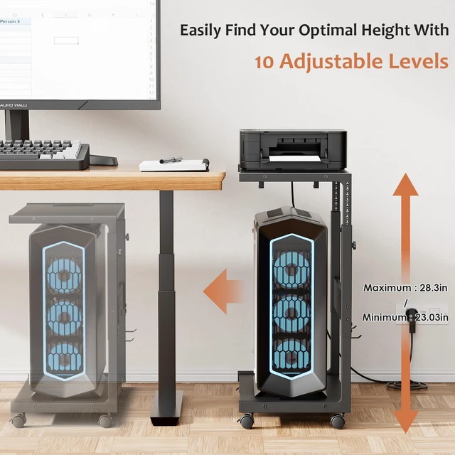 Alt view image 10 of 12 - Computer Tower Stand - 23.03"-28.3" Height Adjustable | Mobile Rolling PC CPU Holder Cart with Charging Station for Office Home Gaming Classroom
