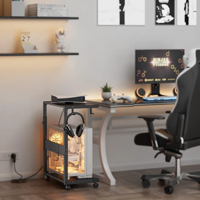 Alt view image 11 of 12 - Computer Tower Stand - 23.03"-28.3" Height Adjustable | Mobile Rolling PC CPU Holder Cart with Charging Station for Office Home Gaming Classroom