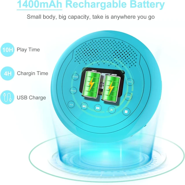 Alt view image 13 of 14 - CD Player Portable | Speaker Built-in Rechargeable CD Player for Car and Home, Anti-Skip Player with Headphones(Cyan-Blue)