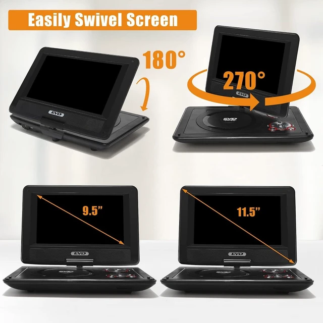 Alt view image 10 of 12 - 11.5" Portable DVD Player with 9.5" Swivel Screen, 5-Hours Rechargeable Battery,Car DVD Player,Support CD/DVD/SD Card/USB,Regions Free,Dual Speakers, Black