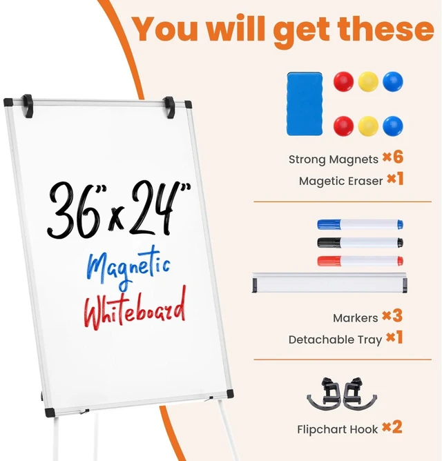 Alt view image 11 of 14 - 36" x 24" Magnetic White Board with Stand, Standing Dry Erase Board, Whiteboard with 1 Dry Eraser & 2 Multicolor Markers & 4 Magnetic Pins, Aluminium Frame for Home, School, Office, White