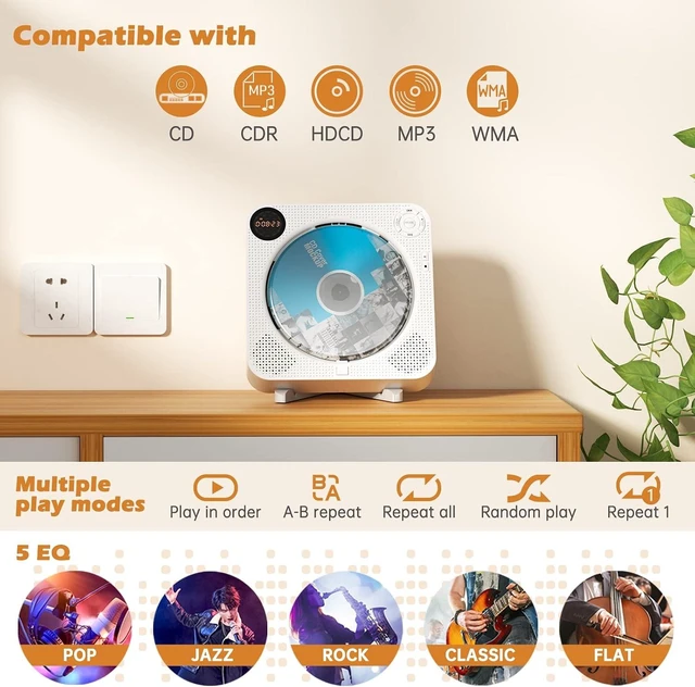 Alt view image 12 of 14 - Desobry Portable Bluetooth CD Player with Speakers Wall CD Player for Home with Remote Control FM Radio Digital Screen Headphone Jack Support AUX