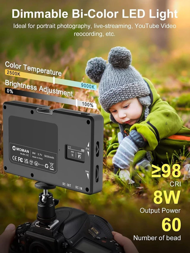 Alt view image 9 of 14 - LED Video Light, Moman Camera Light for Photography, Portable 5000mAh Video Recording Lights with Cold Shoe, Mini Light CRI 98+ Dimmable 2500-9000K Video Lighting, On-Camera-LED-Video-Light