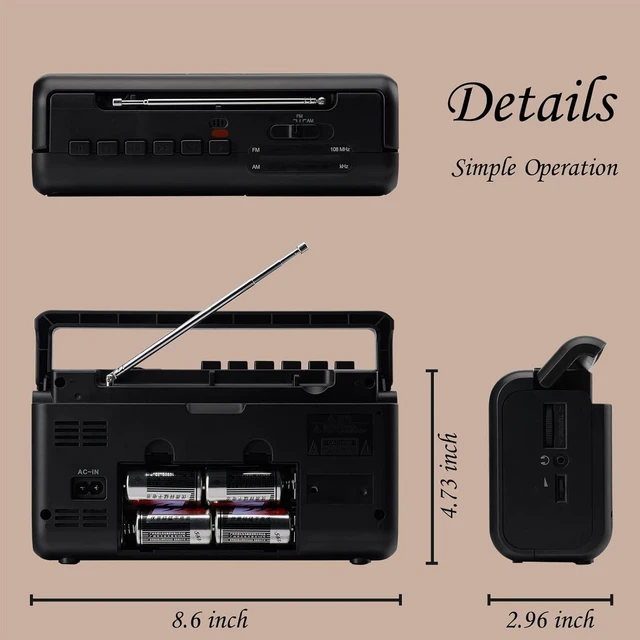 Alt view image 14 of 14 - G Keni Portable Cassette Tape Player Recorder, AM/FM Radio Cassette Player with Built in Speaker, Headphone Jack, AC or Battery Operated Tape Player, Black