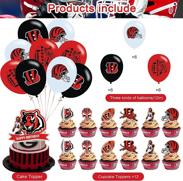 Alt view image 7 of 10 - Cincinnati Bengals Birthday Party Supplies Pack: Banner, Cake Topper, 12 Cupcake Toppers, 18 Balloons