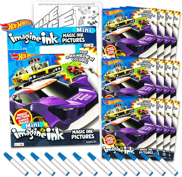 Alt view image 4 of 6 - Hot Wheels Imagine Ink Coloring Book Set for Kids - 12 Pack No-Mess Magic Inks Race Car Coloring Books with Rex-Man Stickers and Door Hanger (Hot Wheels Party Supplies Party Favors Bundle)