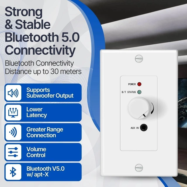 Alt view image 11 of 14 - TNP in Wall Bluetooth Receiver Amplifier - Bluetooth Wall Plate Receiver with 120W BT 5.0 aptX Stereo Amplifier, Volume Control and 3.5mm AUX Input for 4-Speaker Systems